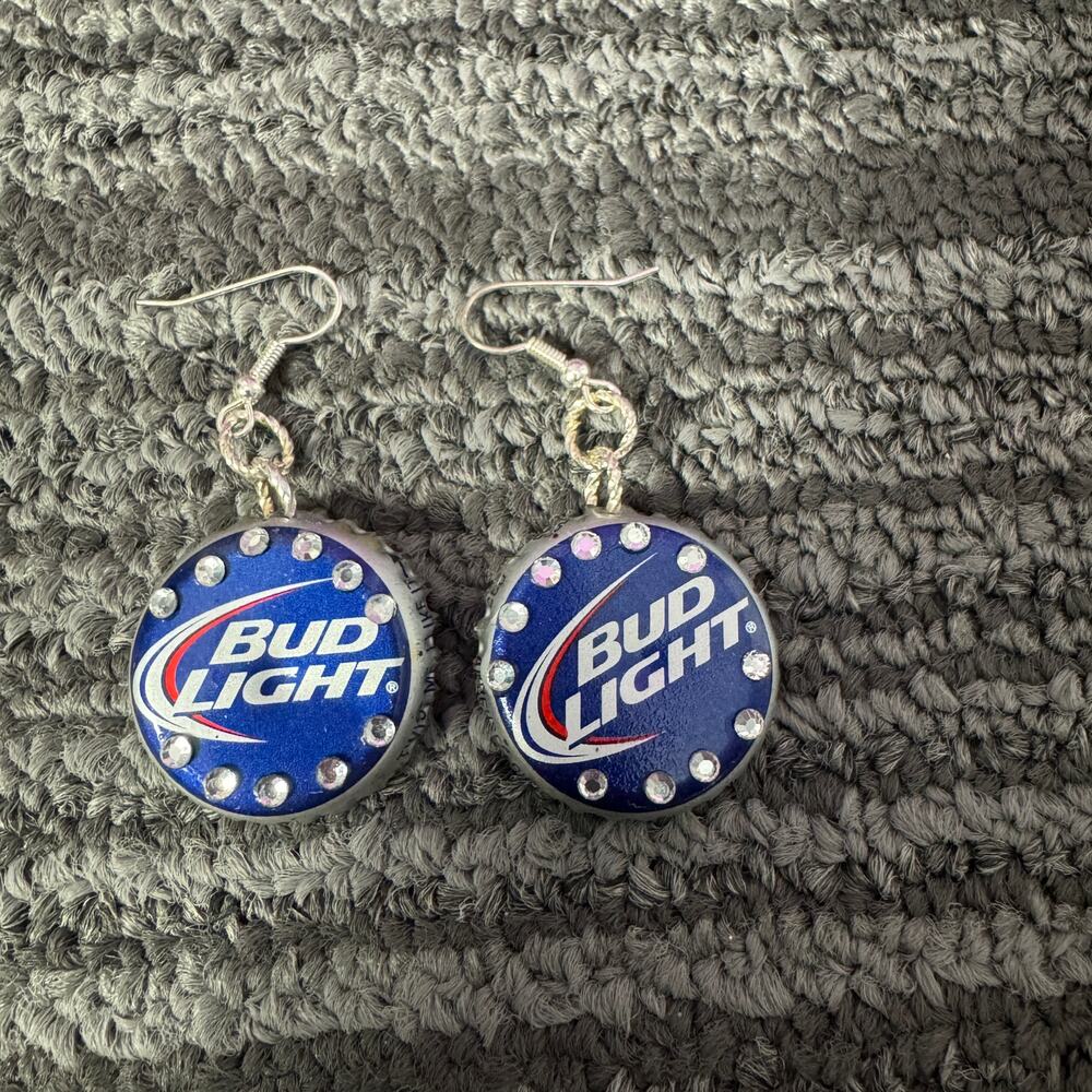 Bud Light Bottle Cap Earrings Rhinestone Trim Handmade Beer Jewelry Dangle - Picture 2 of 4